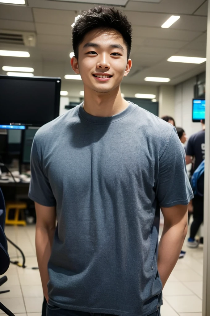 ((realistic daylight)) , Young Korean man in only a black sports shirt, no stripes, and jeans., A handsome, muscular young Asian man looks at the camera.  , In a computer shop ,turn sideways, smile