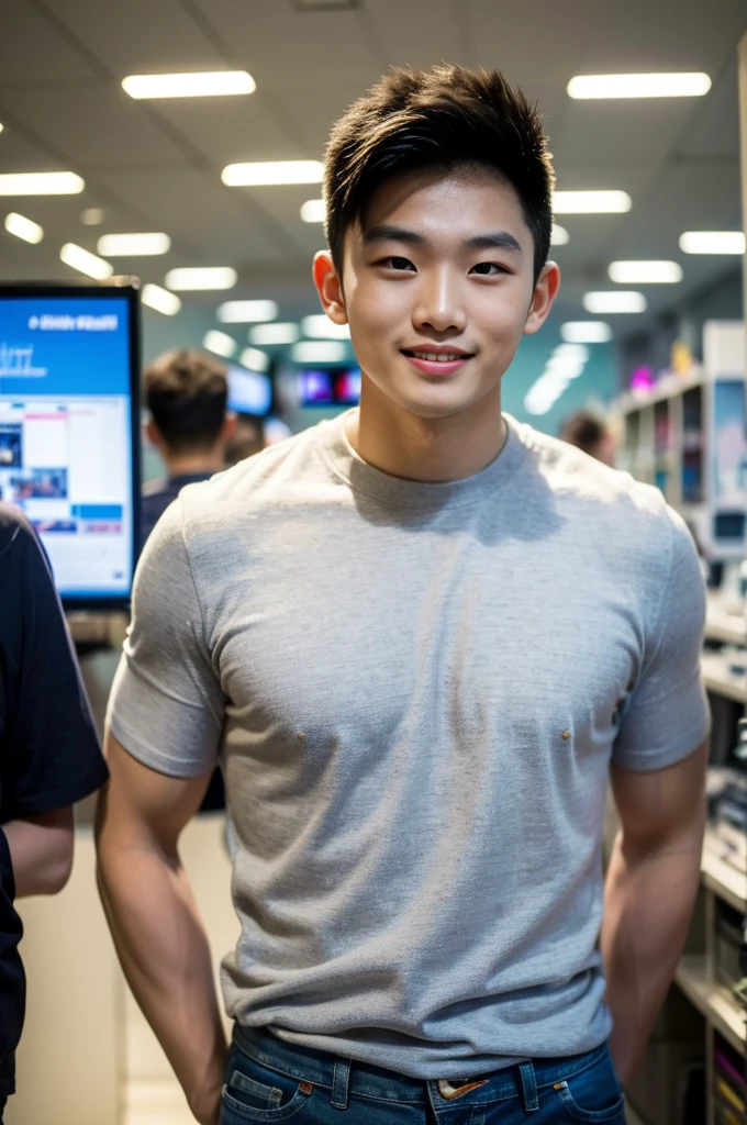 ((realistic daylight)) , Young Korean man in only a black sports shirt, no stripes, and jeans., A handsome, muscular young Asian man looks at the camera. , In a computer shop ,turn sideways, smile