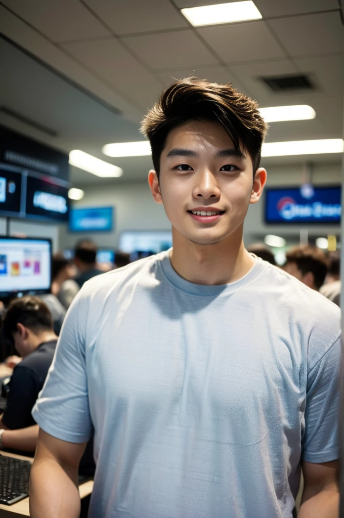 ((realistic daylight)) , Young Korean man in only a black sports shirt, no stripes, and jeans., A handsome, muscular young Asian man looks at the camera. , In a computer shop ,turn sideways, smile