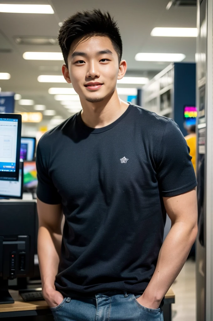 ((realistic daylight)) , Young Korean man in only a black sports shirt, no stripes, and jeans., A handsome, muscular young Asian man looks at the camera. , In a computer shop ,turn sideways, smile