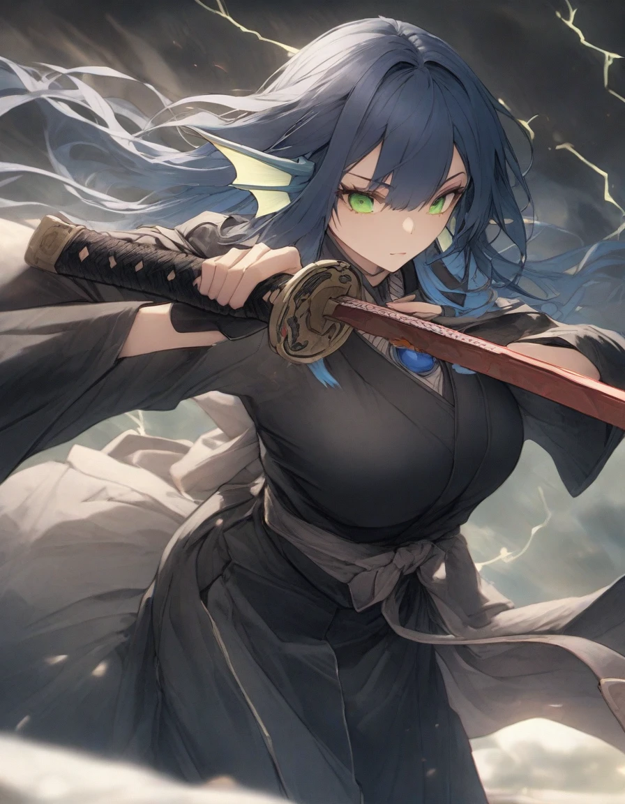 ),snap shot,red katana,fighting stance,(holding  huge katana:1.3),,no pattern kimono,(black kimono:1.5),samurai,,,{{{Huge breasts}}},,,,,,long skirt, brooches,Blue brooch,,(dark Blue hair:1.25),gradient_hair,( Green eyes:1.25),hair_ornament detached ,,Very Long Ponytail, poneyTail,, (head fins:1.25),、stormy、lightning bolt,iaidow,weapon, katana, holding sword, ready to draw, sheathed, unsheathing, scabbard,