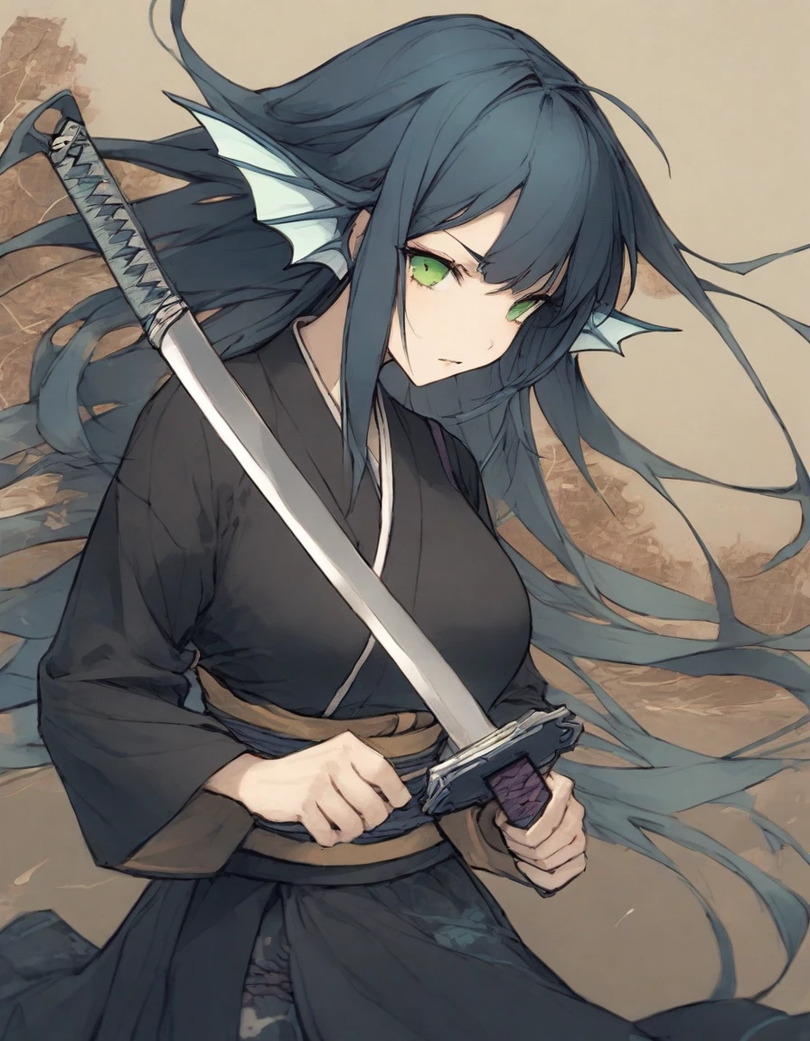 ),snap shot,red katana,fighting stance,(holding huge katana:1.3),,no pattern kimono,(black kimono:1.5),samurai,,,{{{Huge breasts}}},,,,,,long skirt, brooches,Blue brooch,,(dark Blue hair:1.25),gradient_hair,( Green eyes:1.25),hair_ornament detached ,,Very Long Ponytail, poneyTail,, (head fins:1.25),、stormy、lightning bolt,iaidow,weapon, katana, holding sword, ready to draw, sheathed, unsheathing, scabbard,
