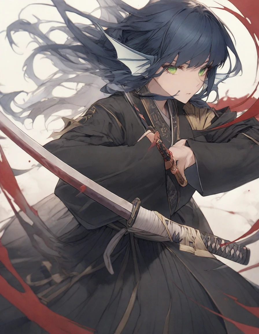 ),snap shot,red katana,fighting stance,(holding huge katana:1.3),,no pattern kimono,(black kimono:1.5),samurai,,,{{{Huge breasts}}},,,,,,long skirt, brooches,Blue brooch,,(dark Blue hair:1.25),gradient_hair,( Green eyes:1.25),hair_ornament detached ,,Very Long Ponytail, poneyTail,, (head fins:1.25),、stormy、lightning bolt,iaidow,weapon, katana, holding sword, ready to draw, sheathed, unsheathing, scabbard,