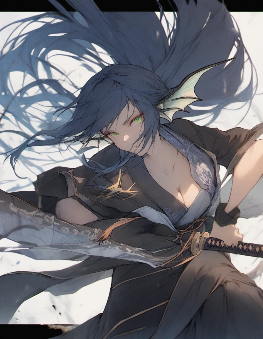 ),snap shot,red katana,fighting stance,(holding huge katana:1.3),,no pattern kimono,(black kimono:1.5),samurai,,,{{{Huge breasts}}},,,,,,long skirt, brooches,Blue brooch,,(dark Blue hair:1.25),gradient_hair,( Green eyes:1.25),hair_ornament detached ,,Very Long Ponytail, poneyTail,, (head fins:1.25),、stormy、lightning bolt,iaidow,weapon, katana, holding sword, ready to draw, sheathed, unsheathing, scabbard,