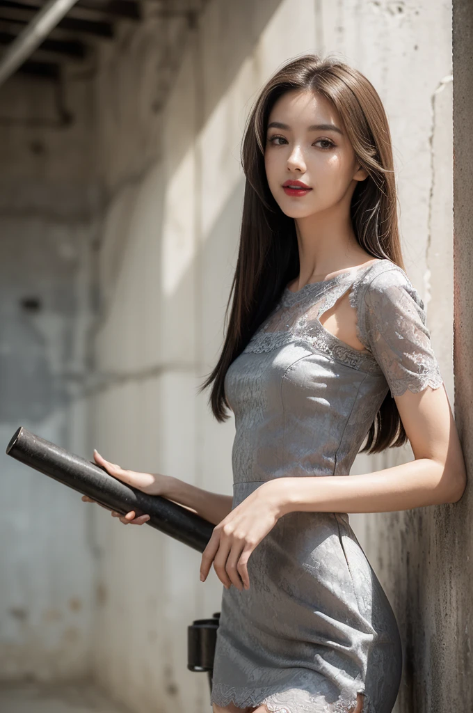 (((best quality))),(((ultra detailed))),(((masterpiece))),illustration,((1 beautiful girl,solo)),((slim,thin)),((small breasts,flat chest)),(shoulder length straight hair:1.2),summer afternoon,((unfinished concrete room,alluring,gray walls)),(short sleeves:1.2),(black lace dress:1.3),(seductive,elegant,full bosom,fair skin,golden strands,delicate features,deep brown eyes,mischief,mystery,enchanting smile,vibrant red lips,serene beauty,self-assuredness,industrial ambiance,raw cement walls,exposed pipes,sexuality,allure,refined beauty,compelling visual narrative,seductive gaze,elegant posture,industrial backdrop,lasting impression,((standing,from front,close-up of face))