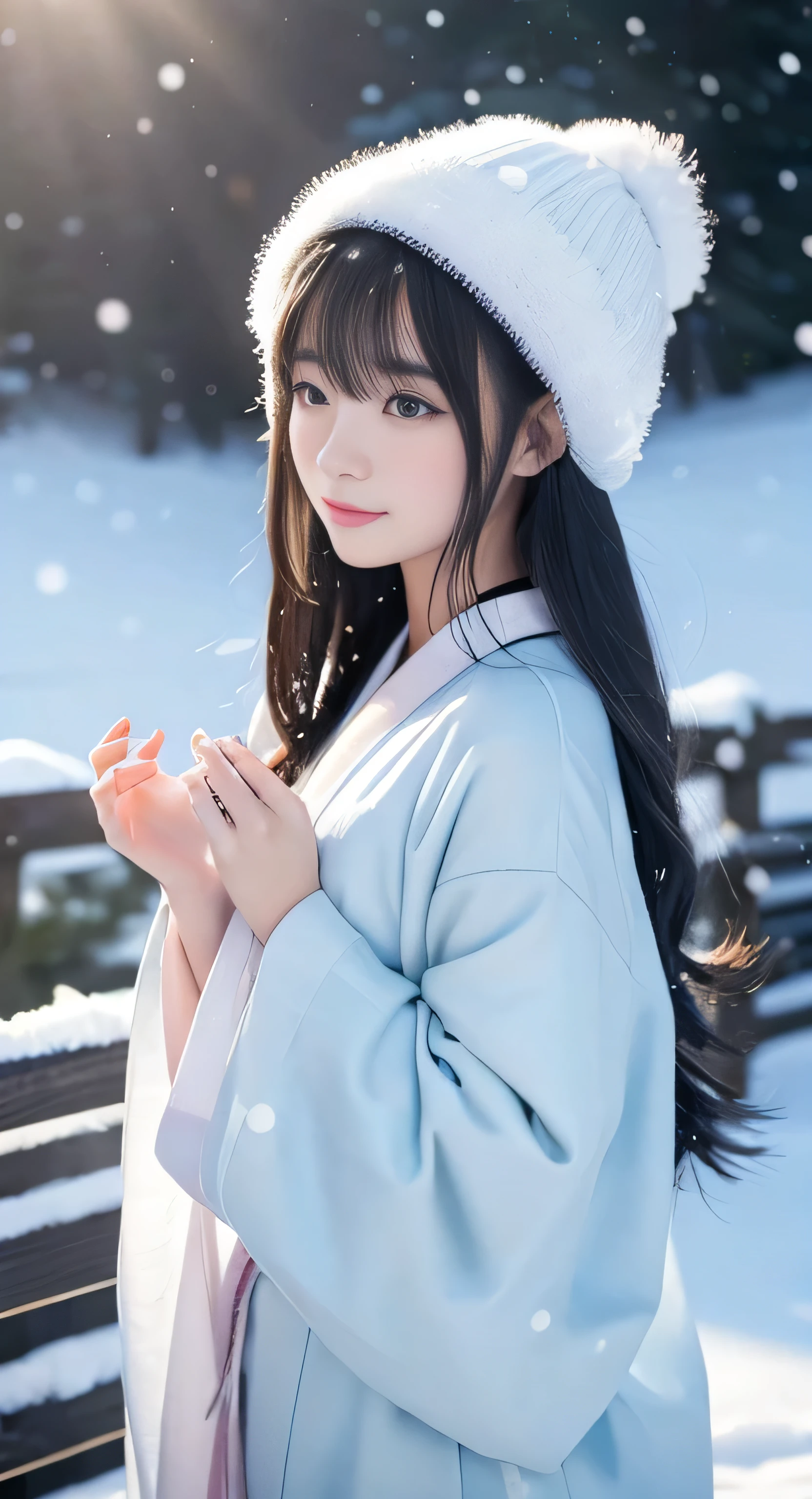 Create an ultra-cute and charming depiction of a Yuki-onna, a snow spirit from Japanese folklore, reimagined as a moe character with exaggerated and adorable features.
Yuki-onna's Moe Appearance:
Overall Appearance:
Height: Slightly taller than an average human but not overly intimidating, around 170 cm.
Body Type: Slender and graceful, with a delicate and ethereal figure.
Facial Features:
Skin: Porcelain white, smooth, and glowing gently like freshly fallen snow.
Eyes: Large, sparkling, and filled with a captivating icy blue or gentle lavender hue. Her eyes should be expressive and full of life, giving her an innocent and endearing look.
Hair: Long, flowing black hair that reaches her waist, with a soft and glossy texture. The ends of her hair can have a slight shimmer, resembling snowflakes.
Lips: Soft pink with a gentle sheen, adding a touch of warmth to her cold appearance.
Clothing:
Kimono: A beautifully adorned, fluffy white kimono that fits her frame perfectly. The hem of the kimono has delicate snowflake patterns and moves gracefully as she does.
Obi: A cute and elegant obi with an ice crystal design, slightly glowing with a magical blue light.
Hands and Fingers:
Hands: Slender and graceful, with delicate fingers. Her nails are short, well-kept, and have a light, natural sheen.
Nails: Slightly frosted, reflecting a soft light.
Feet:
Feet: Small and dainty, adding to her overall cuteness.
Footprints: Her footsteps leave a gentle sparkle in the snow, as if kissed by frost.
Distinctive Elements:
Ice Aura: A gentle, shimmering aura of cold surrounds her, adding a touch of magic. This aura glows softly, instilling a sense of calm rather than fear.
Breath: Her breath forms a light, delicate mist, like a gentle whisper of cold air.
Snowflakes: Snowflakes dance around her, adding to her magical and enchanting presence.
Actions and Background:
Appearance: Typically appears in serene snowy landscapes, such as a peaceful winter forest, a snowy mountain pa