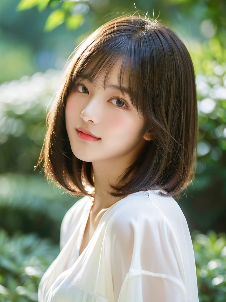 ((Beautiful and shiny、Very well-groomed straight bob hair))、plein air, solo,top-quality、The ultra -The high-definition、bangss　(Beautiful fece:1.3) ((kawaii:1.3))、((sixteen years old)) White shirt　Decolletage　Natural color lips　(Lori)  Sense of cleanliness　pure　Half-open lips