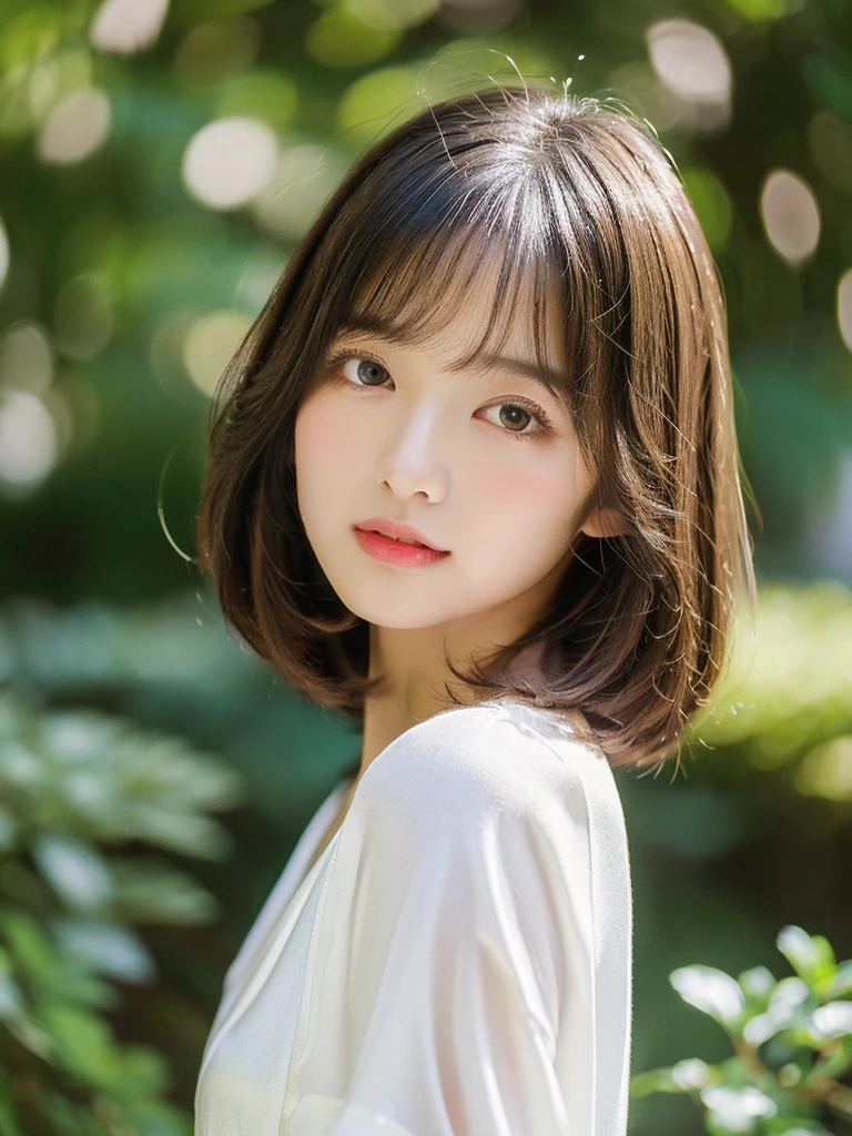 ((Beautiful and shiny、Very well-groomed straight bob hair))、plein air, solo,top-quality、The ultra -The high-definition、bangss　(Beautiful fece:1.3) ((kawaii:1.3))、((sixteen years old)) White shirt　Decolletage　Natural color lips　(Lori)  Sense of cleanliness　pure　Half-open lips