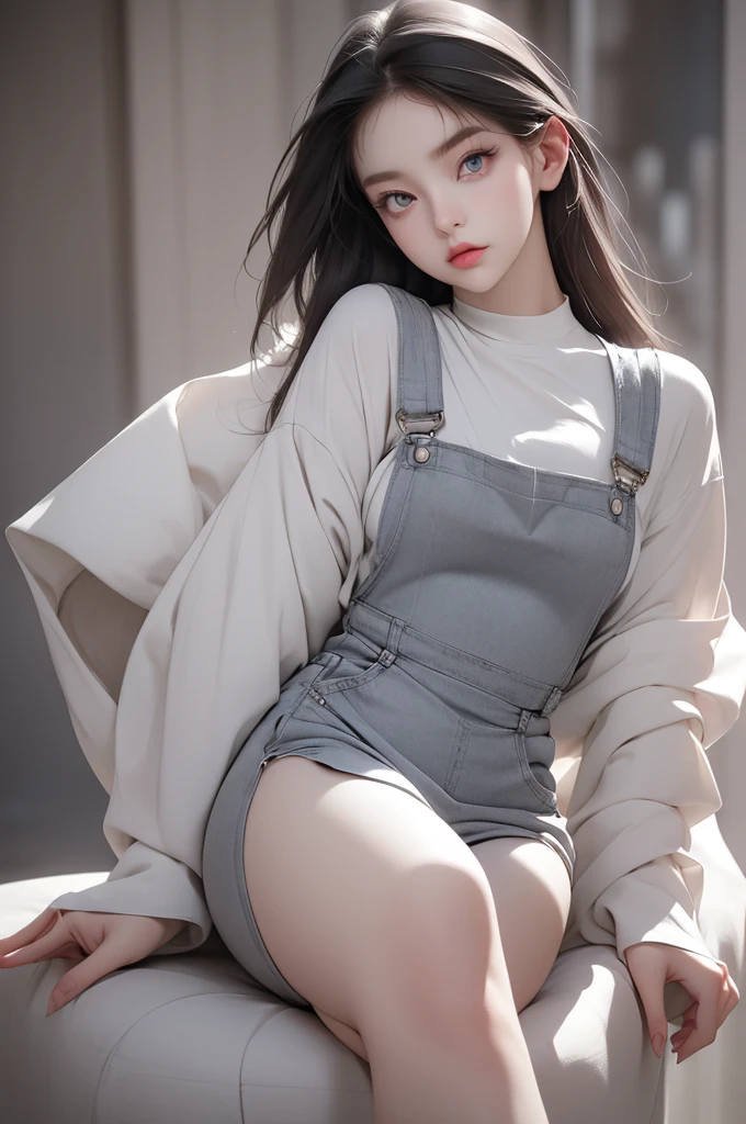 (Face Shape: Round face),(Eyes: Icy gaze that exudes modern sophistication, accented by dark and deep eyeshadow and muted eye color),(Nose: Mature and aloof, enhancing the overall sense of modernity),(Mouth: Neutral lips that hint at emotional detachment),(Skin: pure skin),(Figure:wide hip, thigh gap, small breast, slender), (Overall Impression: korea young woman)