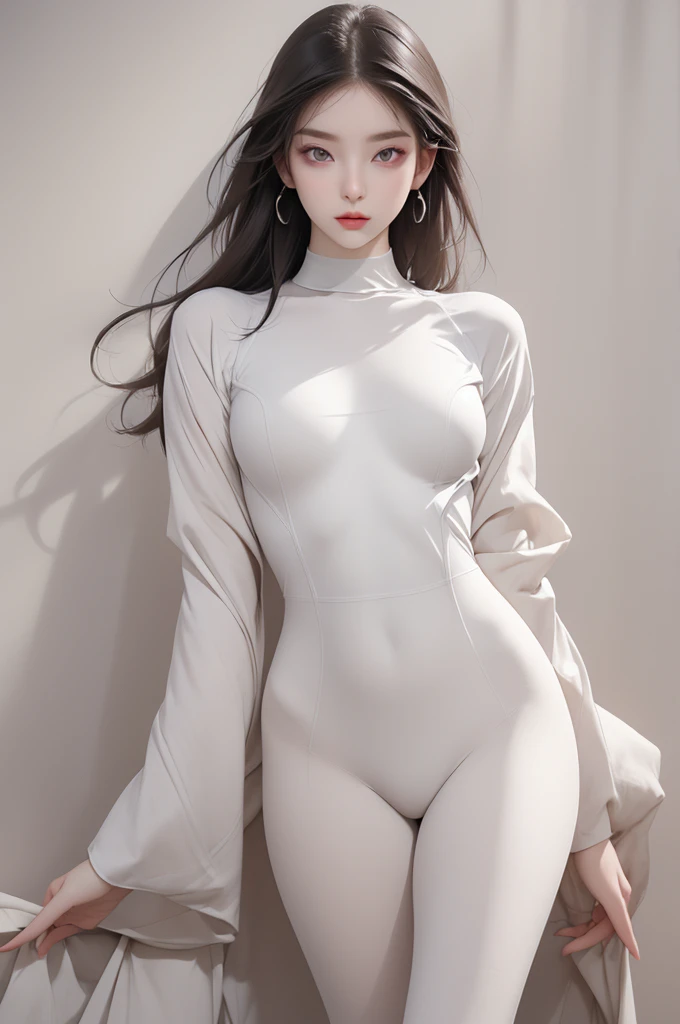 (Face Shape: Round face),(Eyes: Icy gaze that exudes modern sophistication, accented by dark and deep eyeshadow and muted eye color),(Nose: Mature and aloof, enhancing the overall sense of modernity),(Mouth: Neutral lips that hint at emotional detachment),(Skin: pure skin),(Figure:wide hip, thigh gap, small breast, slender), (Overall Impression: korea young woman)