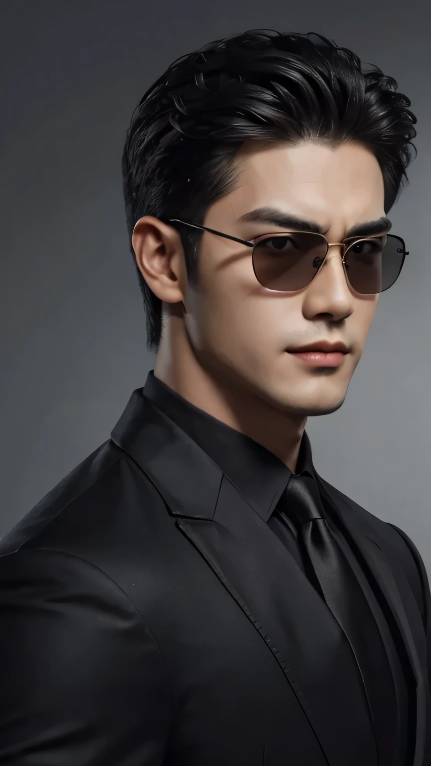 (Men)), (head shot), (front view), (half body view), (Handsome muscular man in his 30s wearing black pilot sunglasses, and luxury black suit), zi wang (Prince chiu), angry smile, (detail: 1 in 1), Natural muscles, HIG quality, beautiful eyes, (Detailed face and eyes), (Face、: 1 / 2), fresh lips, Noise, Real Photographics, ... ...................................................................................................PSD, Sharp Focus, High resolution (8K), realistic & Professional Photography, 8K UHD, Soft lighting, High quality, Film grain, FujifilmXT3