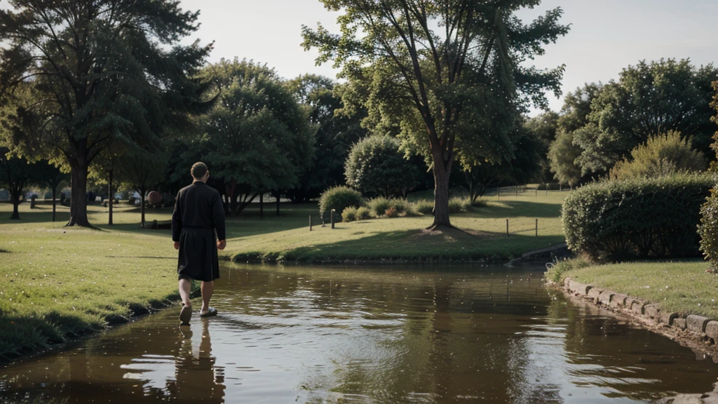 Peter, disciple of Jesus, leaving the park to walk on the water  