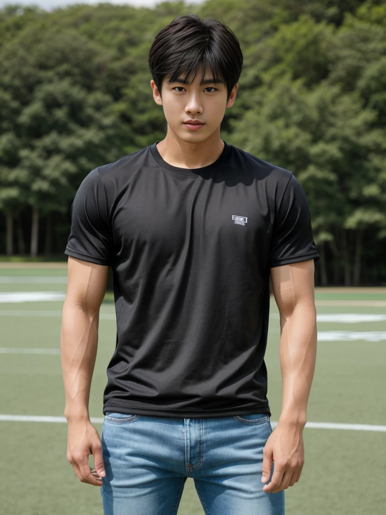 独奏: 1.5, (As a matter of fact, Masterpiece, 8k HD, good light quality, sportswear, fit the face, complicated details), A handsome Korean young man with muscular arms. , 20 years old, be happy, detailed face, delicate eyes, look at the sky, Wear a tight blue t-shirt.:1.6 , jeans period, black eyes, Black hair color, ผมsmooth, smooth，Surreal，Superb details，Highest quality，real，Open your mouth to talk. , Close your eyes., (standing in the football field:1.1)