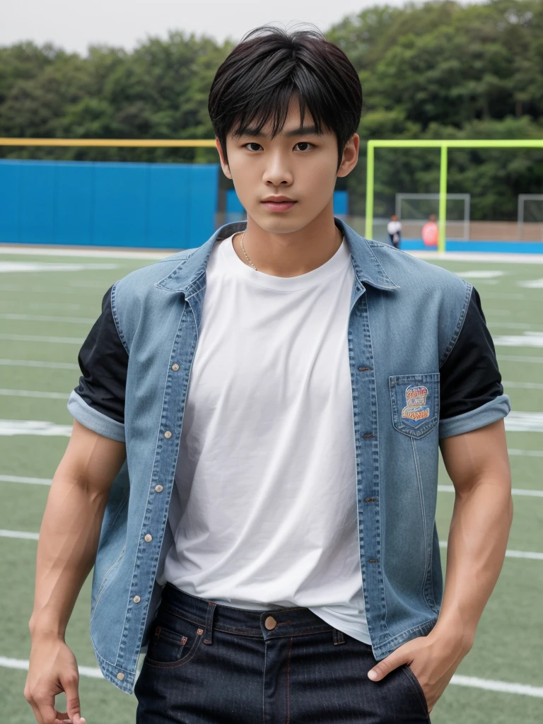 独奏: 1.5, (As a matter of fact, Masterpiece, 8k HD, good light quality, sportswear, fit the face, complicated details), A handsome Korean young man with muscular arms. , 20 years old, be happy, detailed face, delicate eyes, look at the sky, Wear a tight blue t-shirt.:1.6 , jeans period, black eyes, Black hair color, ผมsmooth, smooth，Surreal，Superb details，Highest quality，real，Open your mouth to talk. , Close your eyes., (standing in the football field:1.1)