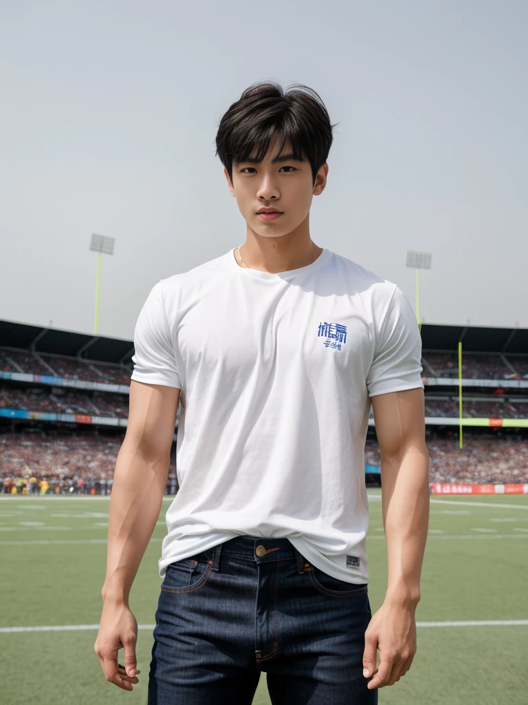 独奏: 1.5, (As a matter of fact, Masterpiece, 8k HD, good light quality, sportswear, fit the face, complicated details), A handsome Korean young man with muscular arms. , 20 years old, be happy, detailed face, delicate eyes, look at the sky, Wear a tight blue t-shirt.:1.6 , jeans period, black eyes, Black hair color, ผมsmooth, smooth，Surreal，Superb details，Highest quality，real，Open your mouth to talk. , Close your eyes., (standing in the football field:1.1)