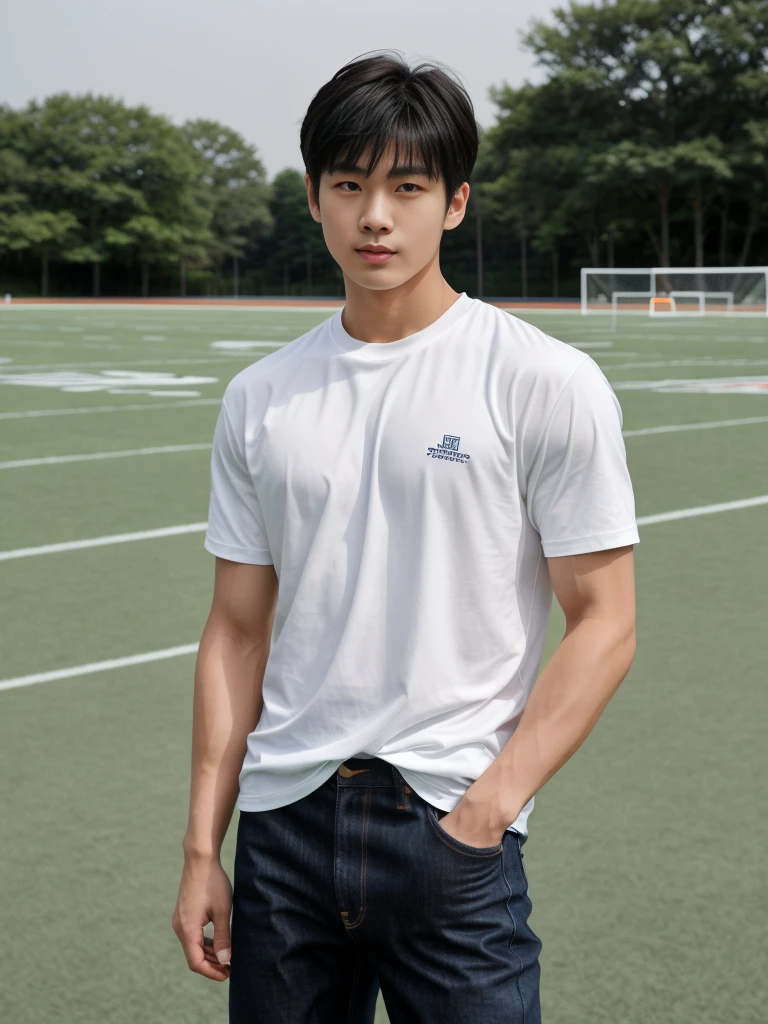 独奏: 1.5, (As a matter of fact, Masterpiece, 8k HD, good light quality, sportswear, fit the face, complicated details), A handsome, muscular young Korean man sits at a table, with muscular arms. , 20 years old, be happy, detailed face, delicate eyes, look at the sky, Wear a tight blue t-shirt.:1.6 , jeans period, black eyes, Black hair color, ผมsmooth, smooth，Surreal，Superb details，Highest quality，real，Open your mouth to talk. , Close your eyes., (standing in the football field:1.1)