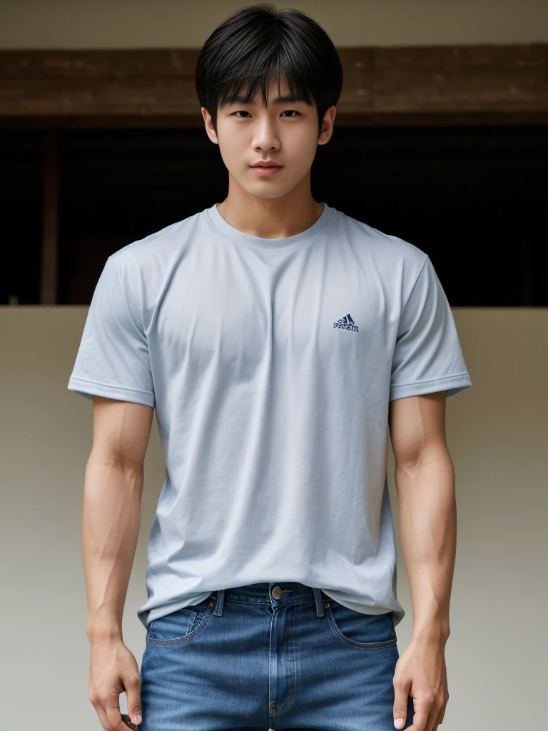 独奏: 1.5, (As a matter of fact, Masterpiece, 8k HD, good light quality, sportswear, fit the face, complicated details), A handsome Korean young man with muscular arms. , 20 years old, be happy, detailed face, delicate eyes, look at the sky, Wear a tight blue t-shirt.:1.6 , jeans period, black eyes, Black hair color, ผมsmooth, smooth,Surreal,Superb details,Highest quality,real,Open your mouth to talk. , Close your eyes., (standing in the football field:1.1)