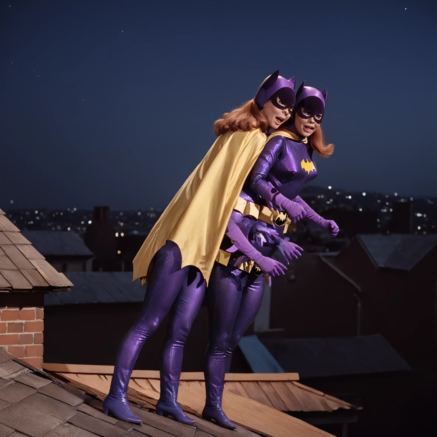 Yvonne Craig mulher Batgirl,  on top of a roof at night,muscular henchman behind her , hugging her from behind, She with a surprised expression, 60s style, Analog film, snapshot, film grain  