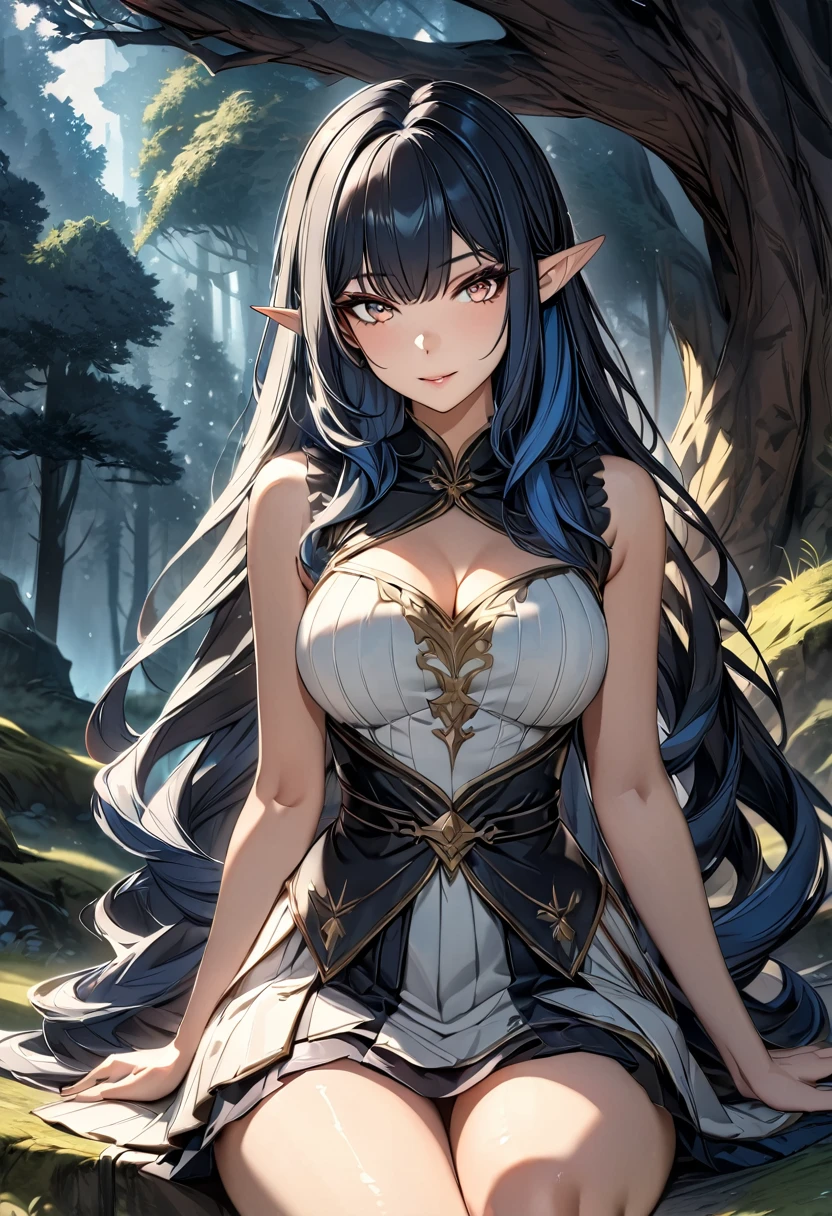 high quality, 4k, 8k, highres, HDR, UHD, masterpiece, ultra-detailed, a beautiful elf woman in a dark fantasy forest, sitting pose, creative angle, mature woman. short skirt, natural clothing, eld boots, extremely detailed face, medium long flowing hair, natural looking hair, rendered hair, dark blue hair, curious expression, sitting under a large tree, anime style, highly detailed, 8k, fantasy art, magical atmosphere, mossy ground, dark setting, demonic forest, glowing eyes, pointed ears, detailed dress, intricate details, fantasy landscape, simple background
