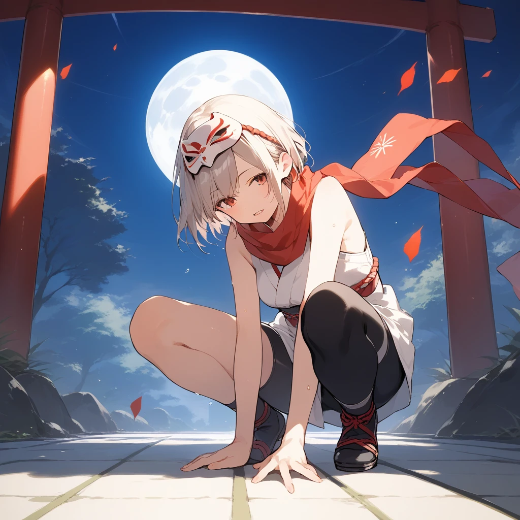 score_9, score_8_up, score_7_up, source_anime, best quality, masterpiece, official art, absurdres, highres, ultra-detailed,waifu2x,Collection: Slice of Life,break,1girl, ninja, noh mask, mask on head, short hair, breasts, beautiful detailed eyes, bike shorts, scarf, sweat, open mouth, expressionless, squatting, kunai, outdoors, Above torii, night, moon, wind,break,(clear line illustration:1.2), super detailed skin,very high resolution, very aesthetic, Best sexual lighting powered by famous artist, 8k,cute picture,beauty illustration,photoshop_(medium),,(Detailed Lighting),best anime 8k konachan wallpaper, pixiv contest winner, 