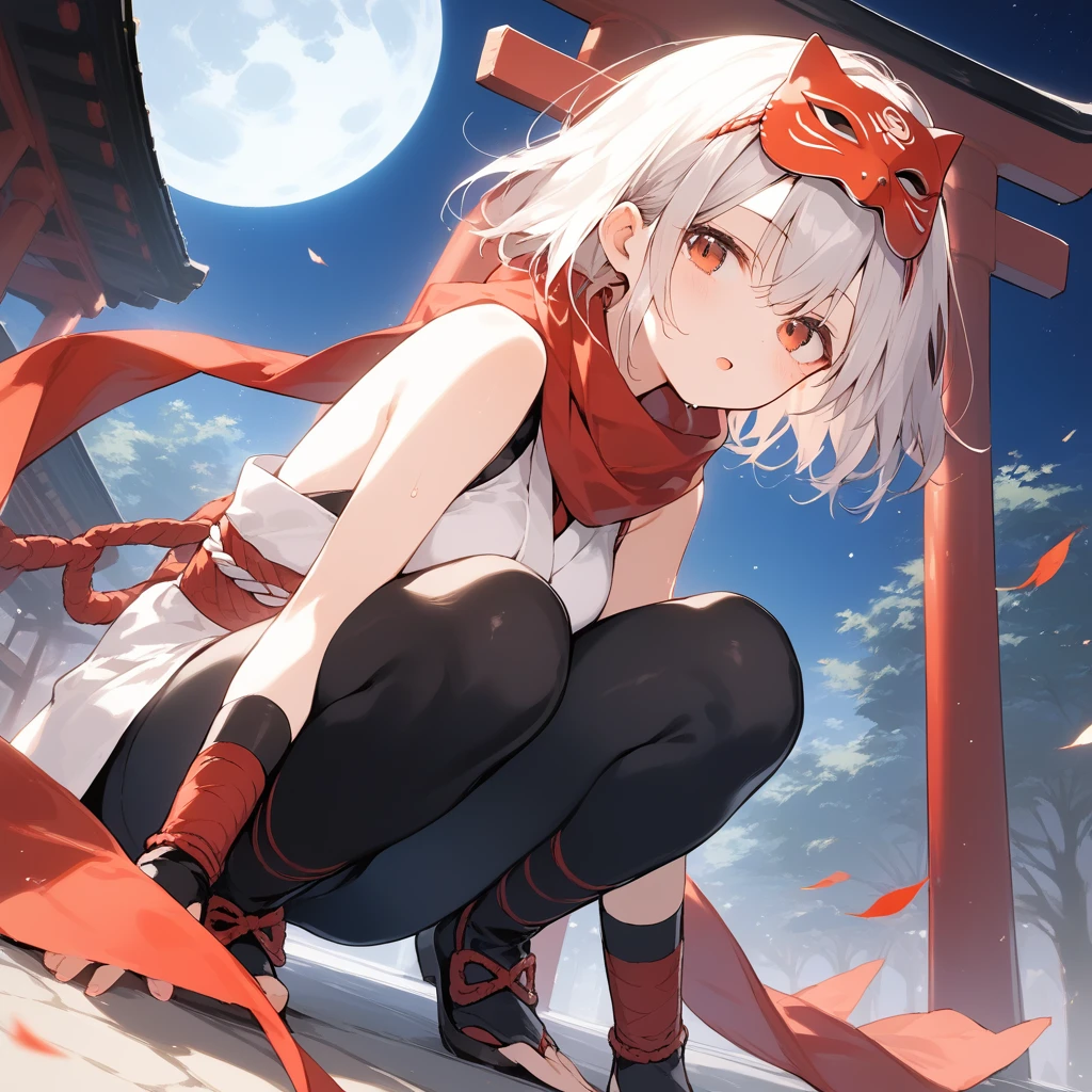 score_9, score_8_up, score_7_up, source_anime, best quality, masterpiece, official art, absurdres, highres, ultra-detailed,waifu2x,Collection: Slice of Life,break,1girl, ninja, noh mask, mask on head, short hair, breasts, beautiful detailed eyes, bike shorts, scarf, sweat, open mouth, expressionless, squatting, kunai, outdoors, Above torii, night, moon, wind,break,(clear line illustration:1.2), super detailed skin,very high resolution, very aesthetic, Best sexual lighting powered by famous artist, 8k,cute picture,beauty illustration,photoshop_(medium),,(Detailed Lighting),best anime 8k konachan wallpaper, pixiv contest winner, 