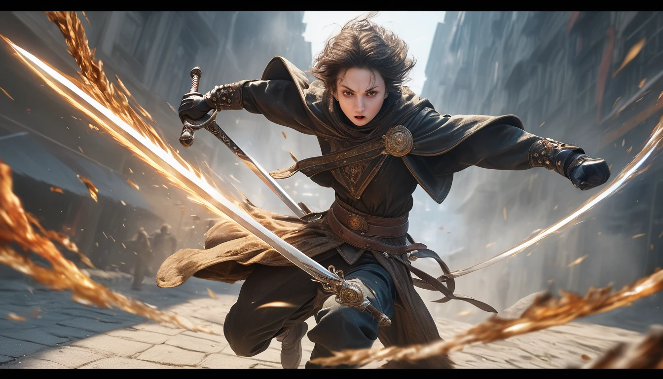 Realistic photos, RAW Photos, sword saint, dual wielding, attacks viewer, Powerful movements, jump on prey, ((Dynamic jump)),, sword saint approaching from above, sudden approach, Bad-tempered, dynamic Shot from grand,,High resolution, masterpiece, Highest quality, Intricate details, Very detailed, Clear focus,texture, Delicate eyes, Professional, 4K,Shallow and deep, Kodak Vision Color, Exactly, Very detailed, photograph_\(Extremist\), photographpractical, practical, Post-processing, Maximum details, Roughness, Real Life, Extremist practical, Photorealism, photographgraphy, 8K Ultra HD, photographgraphy