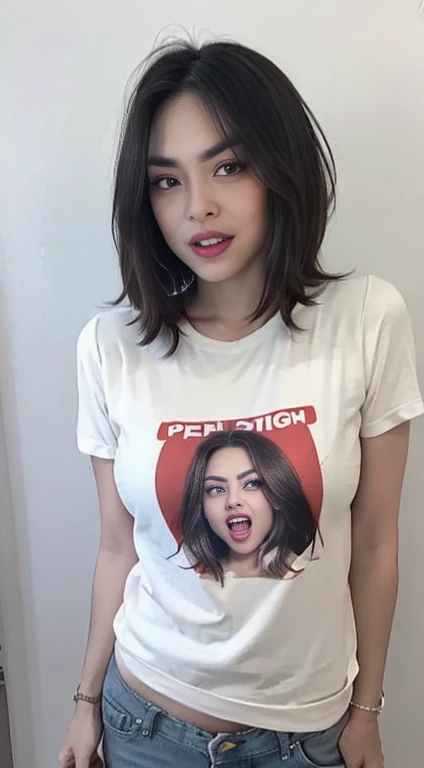 (best quality, masterpiece:1.2), white background, realistic, (casual date outfit: 1.2), (t-shirt: 1.2), (shorts: 1.2), (brown hair:1.2), big eyes, beautiful woman, smile, eyelashes, highly detailed face, fierce look, angry look, looks like a naughty celebrity but is a good girl, virgin girl, inexperienced virgin girl, full body, (slanted angry eyebrows: 1.6), (discrete sex appeal: 1.2), (big smile: 1.2), (open mouth smile: 1.2), (happy: 1.2), (kind face: 1.2), (genuine smile: 1.2), (genuine smiling eyes: 1.2), extremely kind girl, self conscious about eyebrows, (childish cartoon print t-shirt: 1.2)