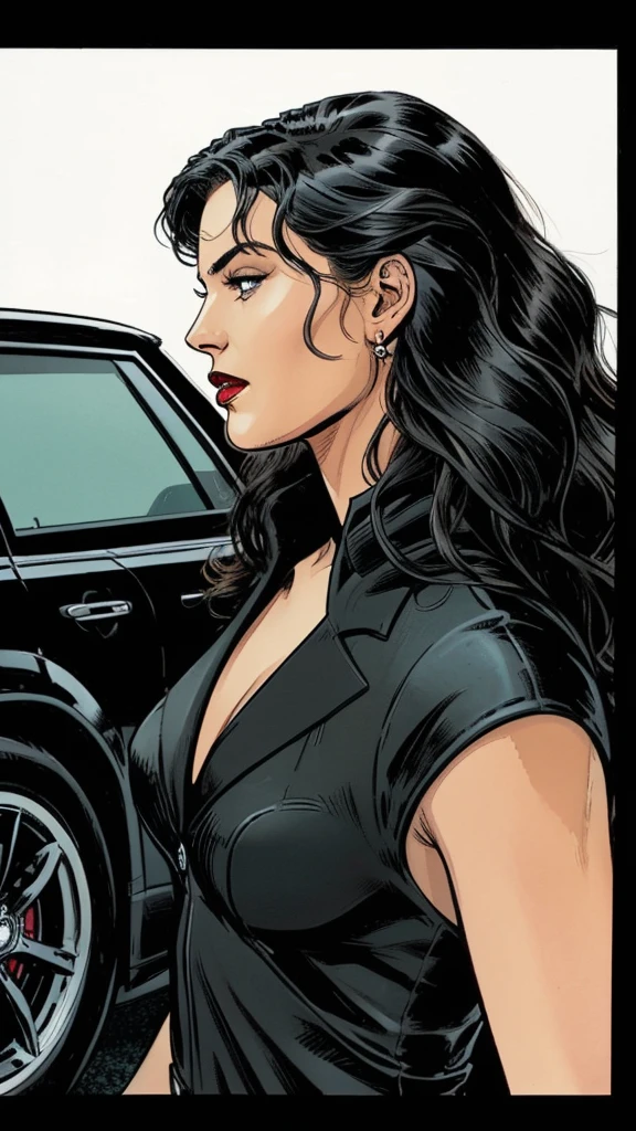 woman with car, formal wear, black car, Expensive, luxury, full view, side view, Marvel Comics Style, comics, White background, bright colors