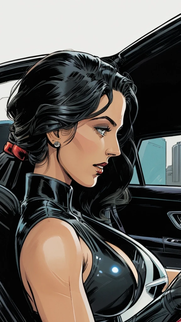 woman with car, formal wear, black car, Expensive, luxury, full view, side view, Marvel Comics Style, comics, White background, bright colors