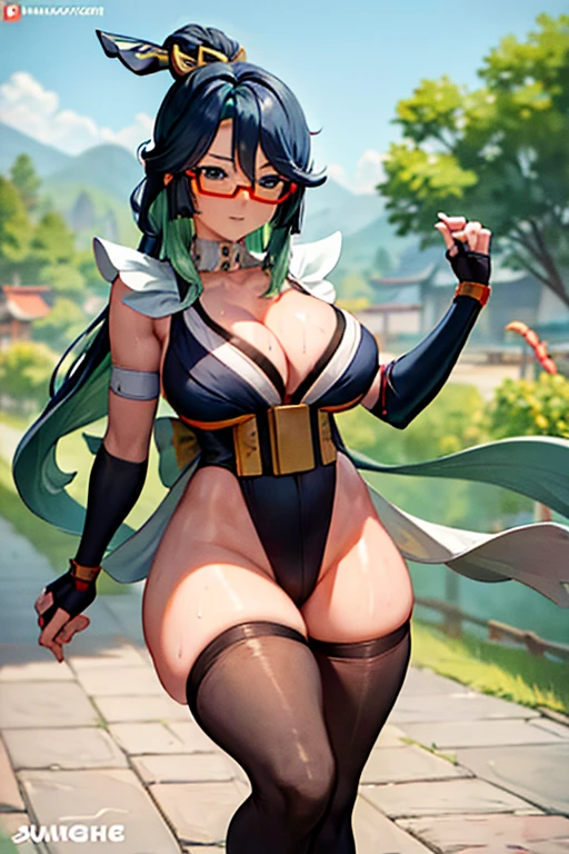 masterpiece, high resolution, best quality, rendered art, beautiful art, well formed fingers and hands, 1 woman, Xianyun, glasses, hair ornament ,adult, grown up, 31 years old, large and round breasted, cleavage, full body, wearing a Iroha Samurai Spirits cosplay, Iroha_Samurai_Spirits_cosplay, maid hat, choker, fingerless gloves, black tights, sexy and skimpy kimono, pelvic curtain, white maid uniform, doing exercise, warming up, working out, sexy and captivating training, smiling joyfully and happily , looking at the viewer, , sweating , bouncing breasts, bikini thong,  training montage session, beach environment     