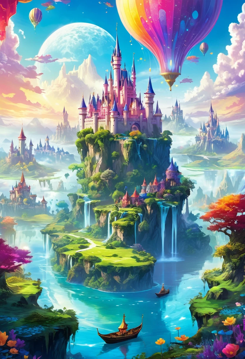"A mystical kingdom with floating islands, magical creatures and a majestic castle in the background. The setting must be enchanting and full of vibrant colors."
