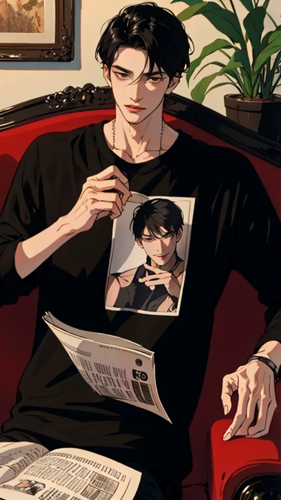 (masterpiece:1.2, best quality), (real picture, intricate details), solo, 1 male character, black hair, full body shot, shirt, casual, reading a newspaper, badboy, he is sitting in the sofa, in a cozy coffee shop, cozy place