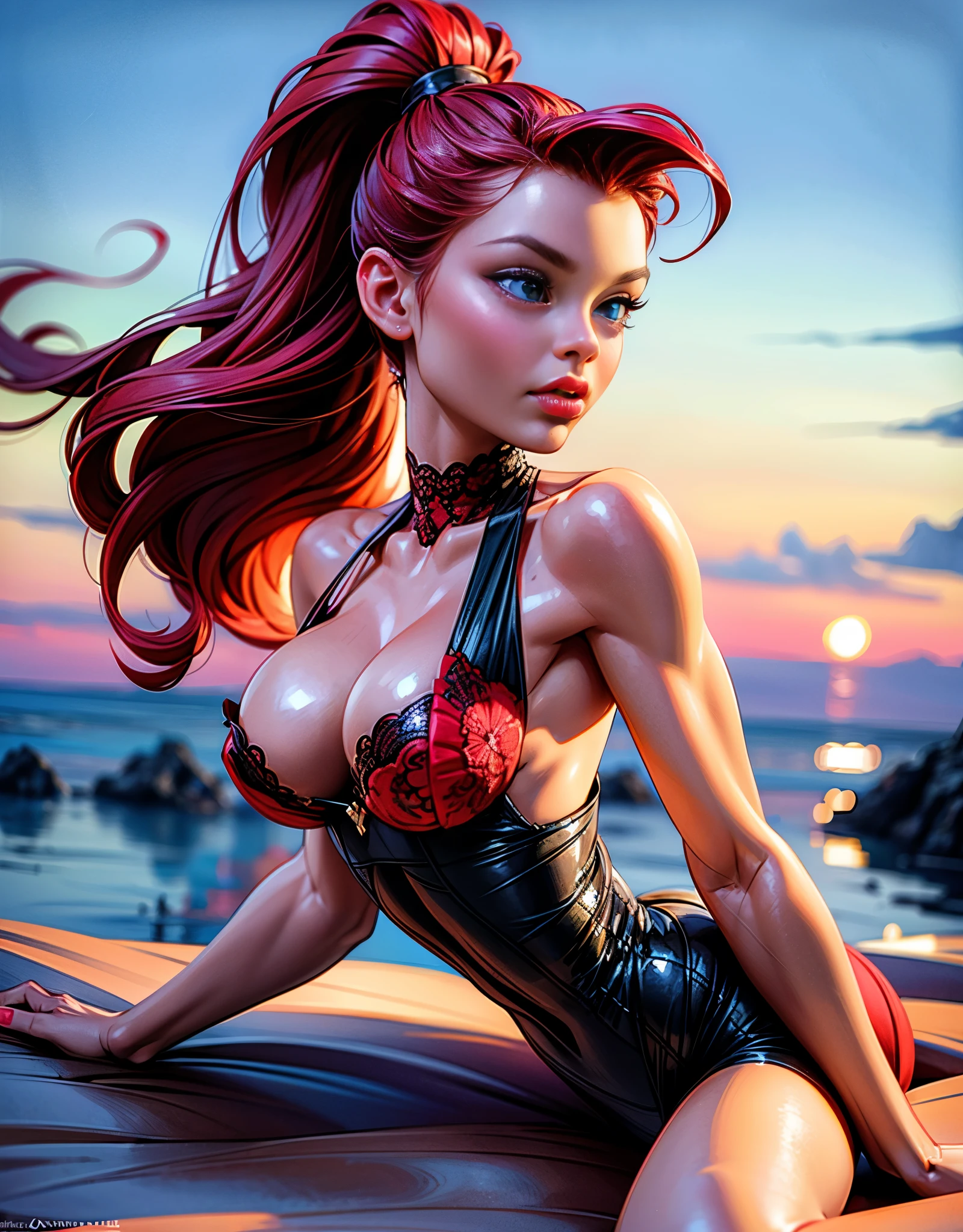 low angle photo of a gorgeous 25 year old woman, blue eyes, healthy, clean skin texture, small, big lips, little noose, sexy, wearing, red lace dress and black corset, (red long hair in ponytail), redhead, ginger hair, insanely detailed eyes, large perky breasts, (perky breasts), perky,  2/3 body crop, 8 mm art lens, f 1. 1, sharp focus, 8 k high definition, insanely detailed, photo realistic, small waist, long neck, long lash, full lips, big lower lip, pink lips, firm breast, firm pushup, push up, firm chest, posing outside in the sunset, lean muscular body, (85% body uncovered, 15% body covered)