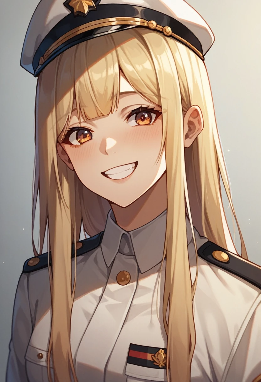 Young woman with long hair in imperial officer uniform smiling ,in an interrogation room, 8k uhd, dslr, Sanfte Beleuchtung, good quality, Filmkorn,Masterpiece quality,Fujifilm 