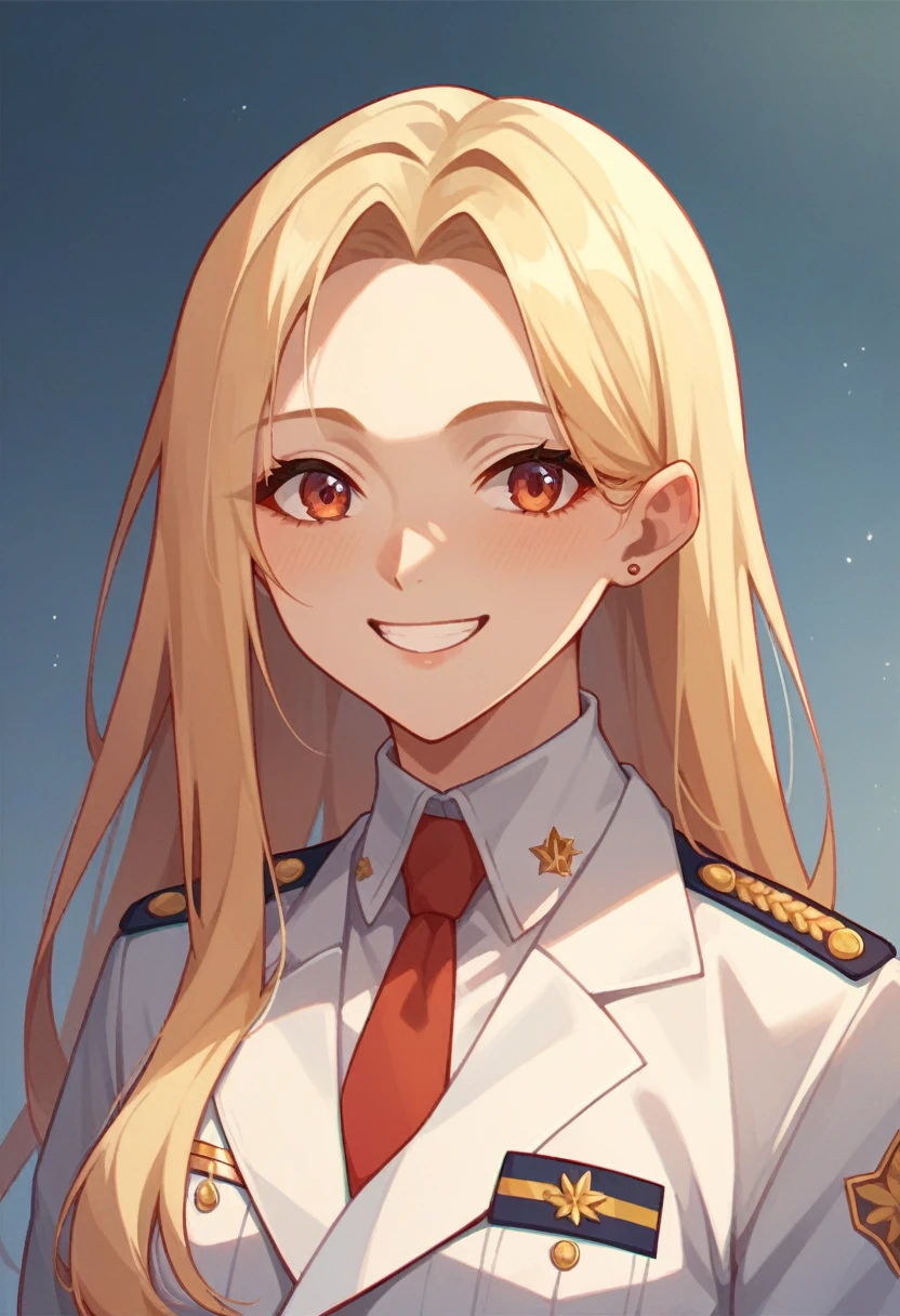 Young woman with long hair in imperial officer uniform smiling ,in an interrogation room, 8k uhd, dslr, Sanfte Beleuchtung, good quality, Filmkorn,Masterpiece quality,Fujifilm 