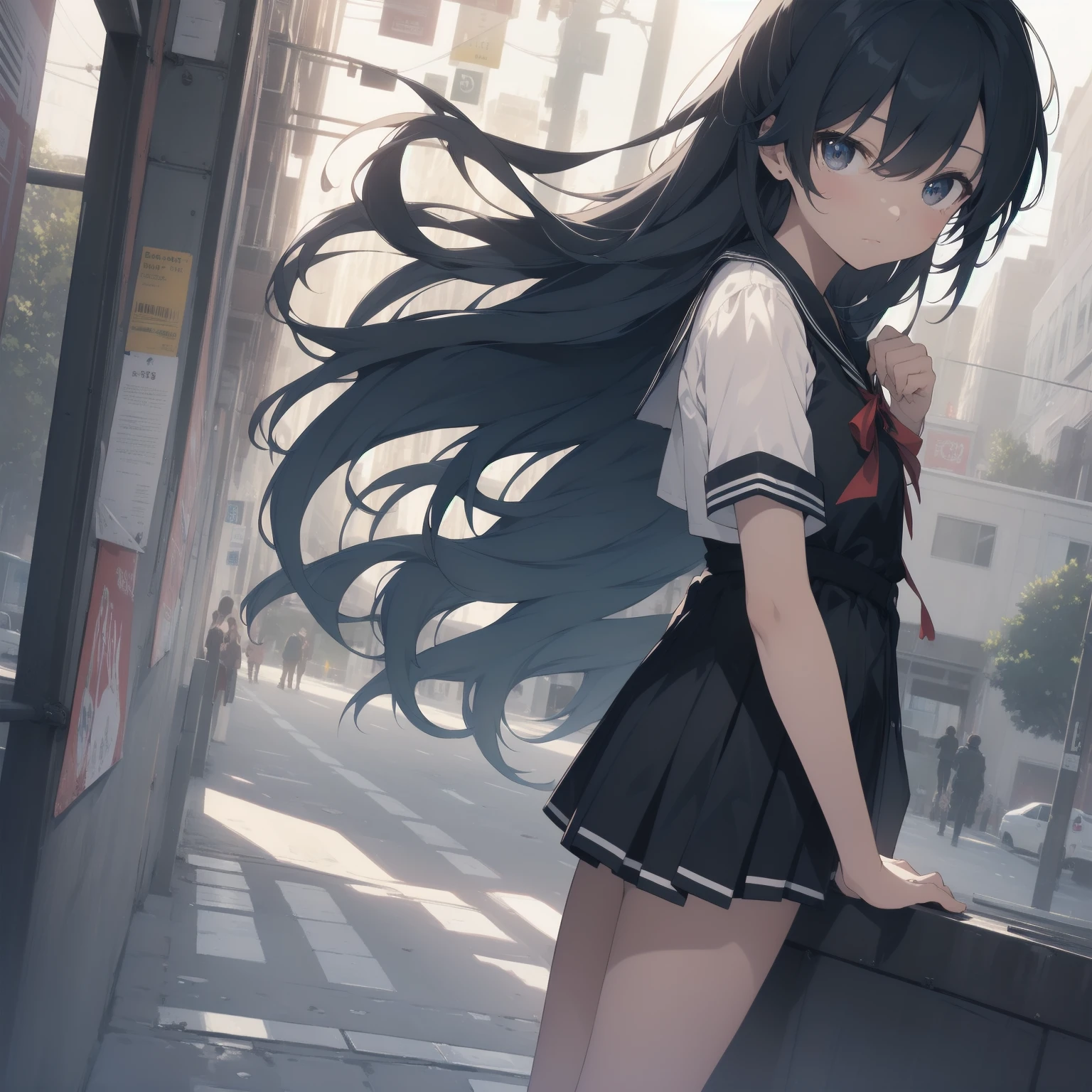 ultra-absurdres-Top quality by artist God, ultra-detailed, high resolution, anime moe artstyle, best anime 8k konachan wallpaper, pixiv contest winner, pool:2810, perfect anatomy,break, 1girl, (Please draw a girl walking sleepily to school alone. )break,(Solo,little female, 13-year-old:1.3),Full limbs, complete fingers,a junior high school student, (very short hair), short cut, flat chest, , small butt, small black eyes, beautiful detailed eyes, well-proportioned iris and pupils, expressive eyes, highres detailed hair, soft expression, salor school_uniform, sailor collar, serahuku, bow, pleated skirt,(Detailed Lighting), (Detailed background), in the School commute route. break,super detailed skin, Best cinematic lighting powered by famous artist, 8k,beauty illustration,photoshop_(medium),very aesthetic,break,((artist:yuuhagi_(amaretto-no-natsu) )), artist:clamp ,artist:carnelian ,artist:kantoku ,