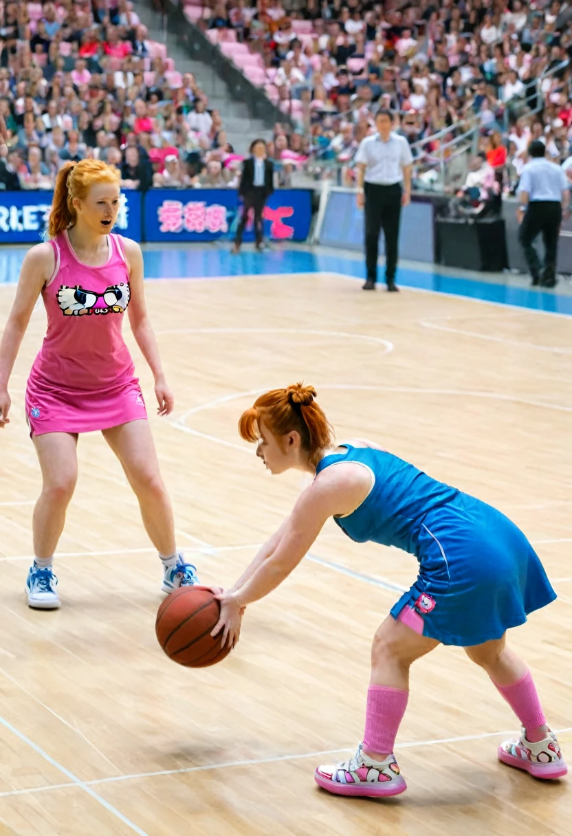 detailed basketball match between two ginger female teams, blue and pink, basketball court, hello kitty tank top,nobra,pink shoes, pink mini skirt, dribbling, shooting hoops, dynamic movement, intense gameplay, competitive spirit, fast-paced action, dramatic lighting, photorealistic, 8k, highly detailed, masterpiece,Candid, Sideboob, armhole, from the side, Nipslip, Bent over, hello kitty art,