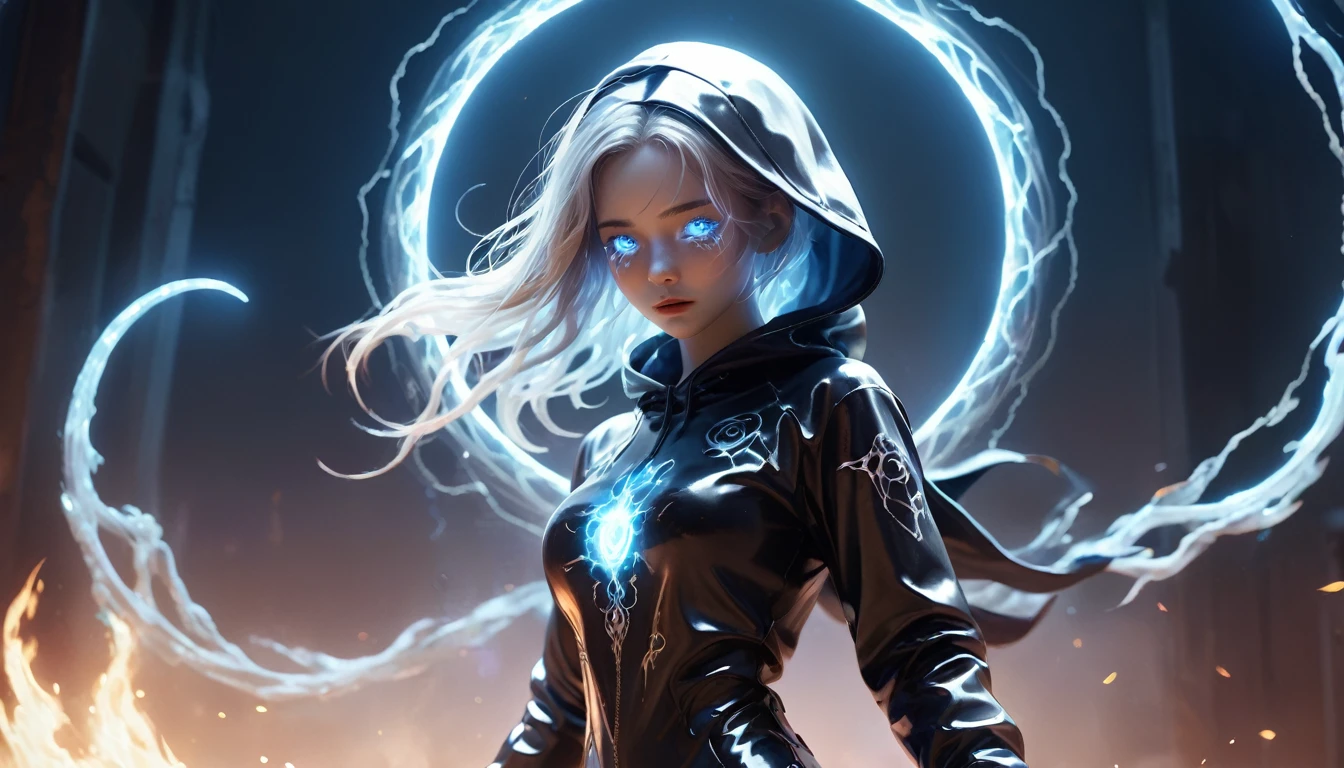 Asian fairy wearing silk hooded and glowing gloves,Lateral face,A collarless coat,Lightning hands,sunglasses,Cyberpunk smoke,(((nmasterpiece))),(((Best Quority))(Ultra-detailded)(illustration)(Detailed lighting)((unexpressive))(nmasterpiece)(Best Quority)(Ultra-detailded)(photorealestic),(Detailed light),((an extremely delicate and beautiful one),((faerie)),((lightning in hand)),Lightning surrounds the fairy,((lightning chain)),Suspended crystals,There is lightning inside the crystal,