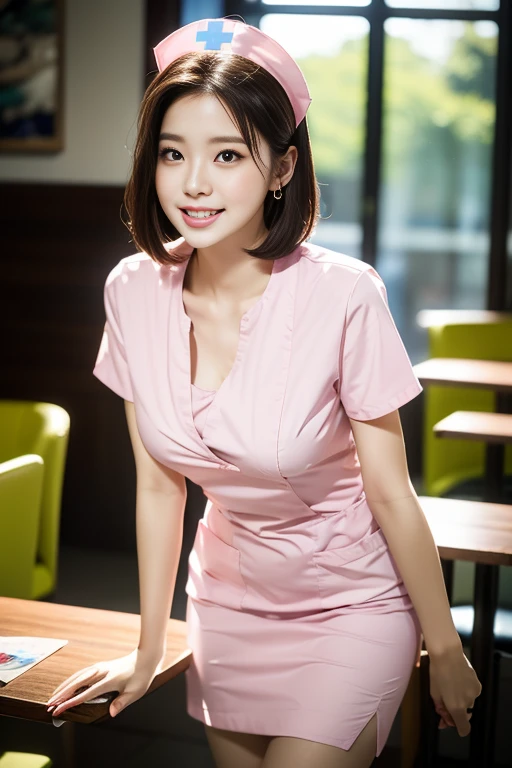 (Ulzzang-6500-v1.1, masterpiece, highest quality:1.3, ultra-detailed 8k:1.2, hyperrealistic:1.35, raw photo:1.2, highest quality, high resolution, wallpaper, realistic, dramatic, realistic painting art by midjourney:1.3, 1 nurse, 28yo, pink nurse uniform, hair clip, short white tight skirt:1.3, tired and resting in hospital cafe, super beautiful, beautiful skin, detailed face, symmatrical face, double eyelid, beautiful and detailed eyes, friendly kind smile, beautiful glossy lips, snaggle-tooth, short bob hair, chest strengthening, ample bosom, emphasize body line, perfect style, cowboy_shot, bokeh background, warm lighting, natural soft light)