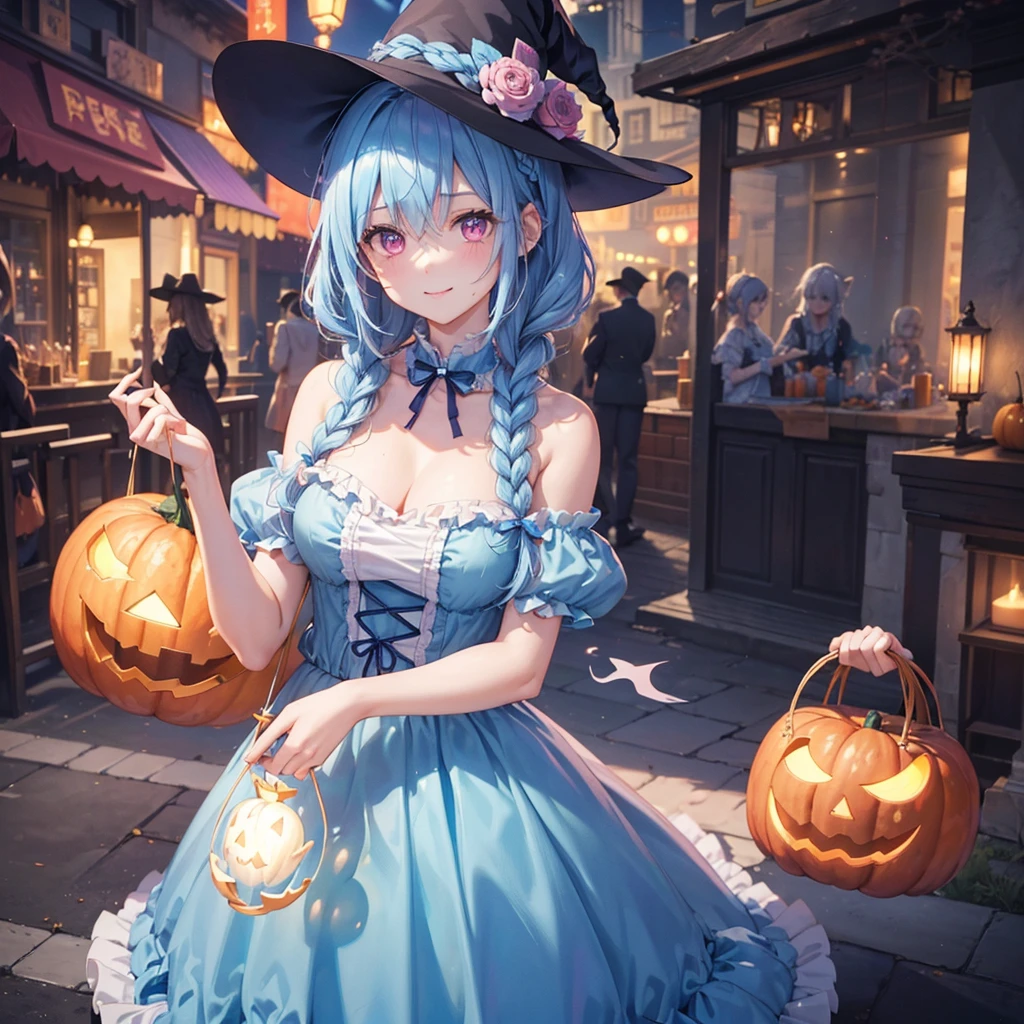 (Light blue medium hair),(Braided hair tied together)、Pink eyes、Fair skin、cowboy shot、Halloween、The background is a pumpkin ghost、Trick or Treat、A lot of sweets、witch、Halloween night party、Candy、Cosplay、A surprising smile、solo、(masterpiece、Highest quality、Very detailed、Best Shadow)、(Detailed Background)、(Beautifully detailed face)、High contrast、(Best lighting、Very delicate and beautiful)、(Cinematic Light)、colorful、Hyper Detail、Dramatic Light、Exquisite detail、