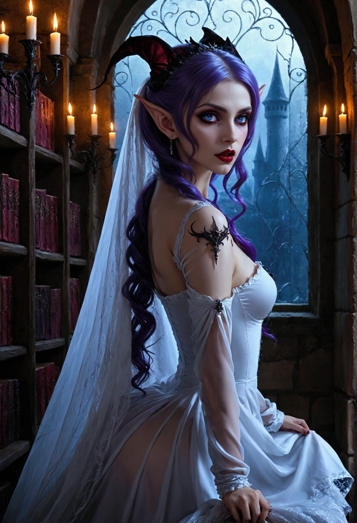 arafed a picture of elf vampire in her castle. an exquisite beautiful female elf vampire (ultra details, Masterpiece, best quality), bloody mouth, purple hair, pale skin, hair in a ponytail, long hair, blue eyes, small pointed ears, cold eyes, smirking, wearing white dress (ultra details, Masterpiece, best quality), red cloak, in dark fantasy library, book shelves, arafed high details, best quality, 16k, [ultra detailed], masterpiece, best quality, (ultra detailed), full body, ultra wide shot, photorealism, RAW, dark fantasy art, gothic art, wearing Haute_Couture designer dress, Dark Novel, Dark Art Painting Style, dripping blood, hud_s1n, short black dress, long sleeves, veil, thighhighs, digital painting