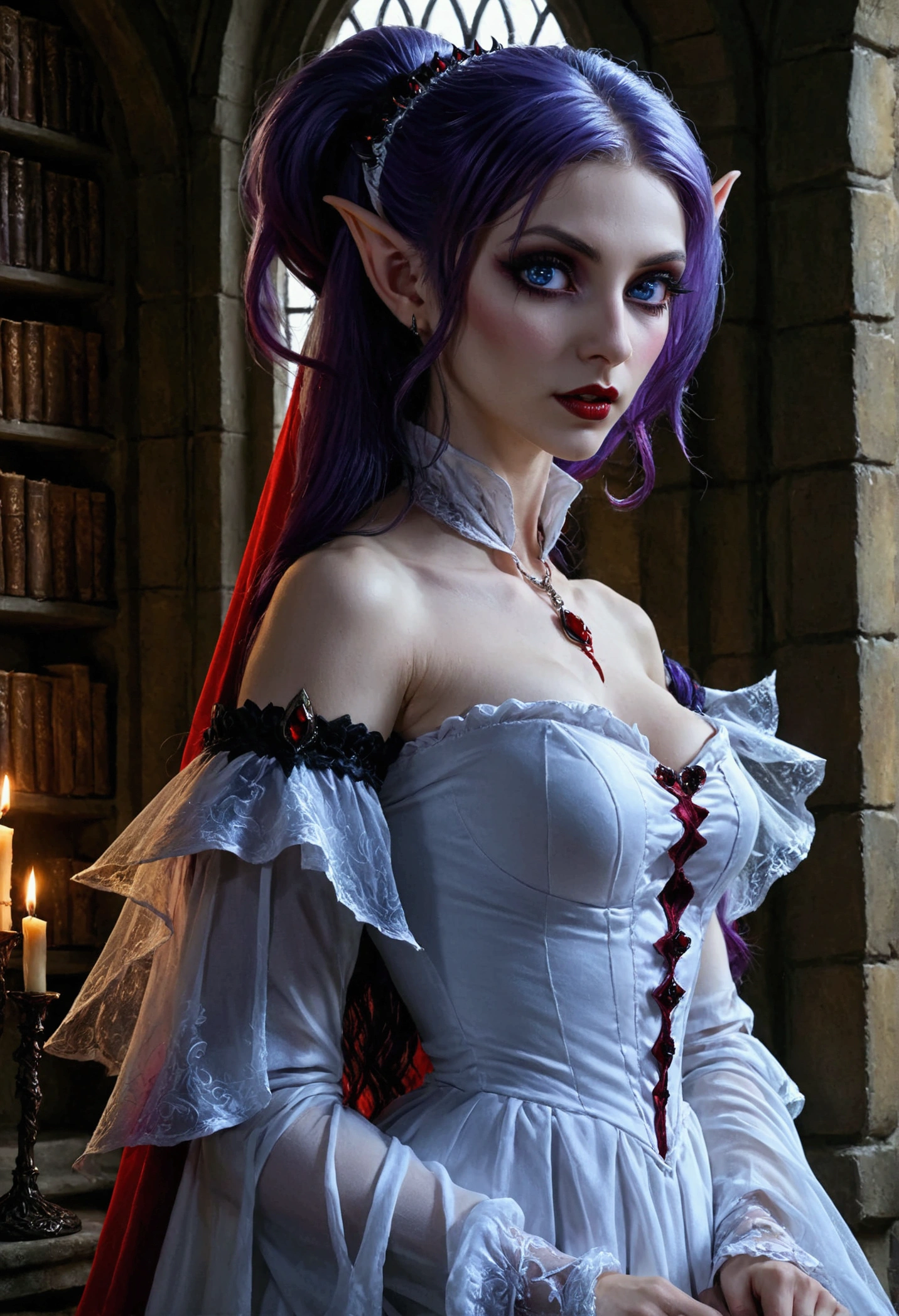 arafed a picture of elf vampire in her castle. an exquisite beautiful female elf vampire (ultra details, Masterpiece, best quality), bloody mouth, purple hair, pale skin, hair in a ponytail, long hair, blue eyes, small pointed ears, cold eyes, smirking, wearing white dress (ultra details, Masterpiece, best quality), red cloak, in dark fantasy library, book shelves, arafed high details, best quality, 16k, [ultra detailed], masterpiece, best quality, (ultra detailed), full body, ultra wide shot, photorealism, RAW, dark fantasy art, gothic art, wearing Haute_Couture designer dress, Dark Novel, Dark Art Painting Style, dripping blood, hud_s1n, short black dress, long sleeves, veil, thighhighs, digital painting