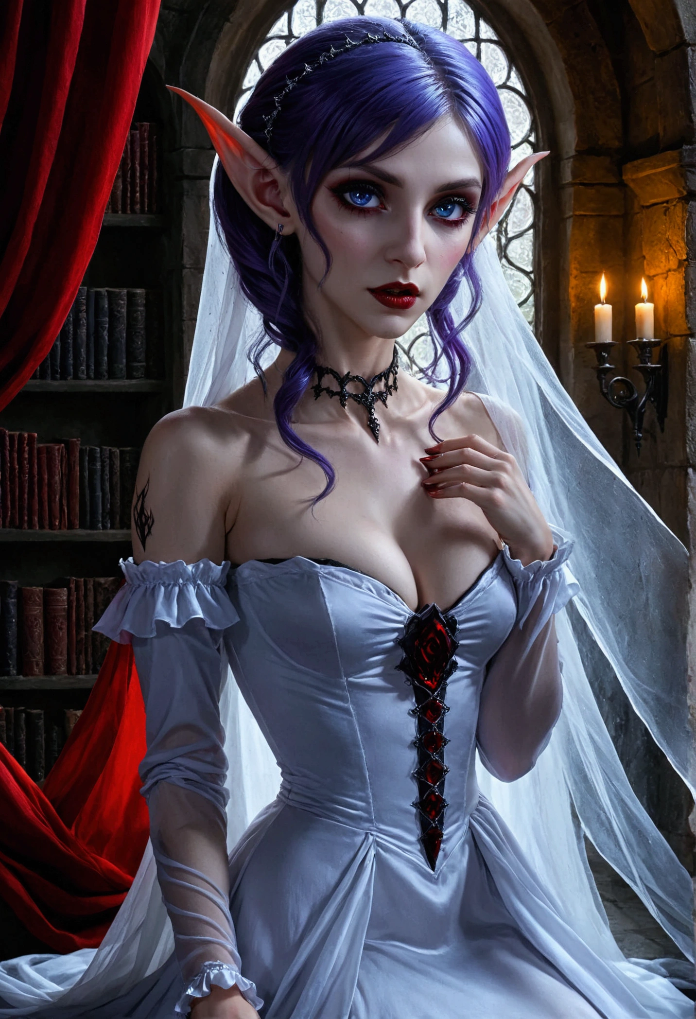 arafed a picture of elf vampire in her castle. an exquisite beautiful female elf vampire (ultra details, Masterpiece, best quality), bloody mouth, purple hair, pale skin, hair in a ponytail, long hair, blue eyes, small pointed ears, cold eyes, smirking, wearing white dress (ultra details, Masterpiece, best quality), red cloak, in dark fantasy library, book shelves, arafed high details, best quality, 16k, [ultra detailed], masterpiece, best quality, (ultra detailed), full body, ultra wide shot, photorealism, RAW, dark fantasy art, gothic art, wearing Haute_Couture designer dress, Dark Novel, Dark Art Painting Style, dripping blood, hud_s1n, short black dress, long sleeves, veil, thighhighs, digital painting