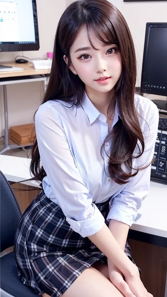 Beauty、Cute person、beautiful、Young face、Detailed face、office、Sexy pose、computer、desk work、shirt、skirt、Sit on a chair、whole body