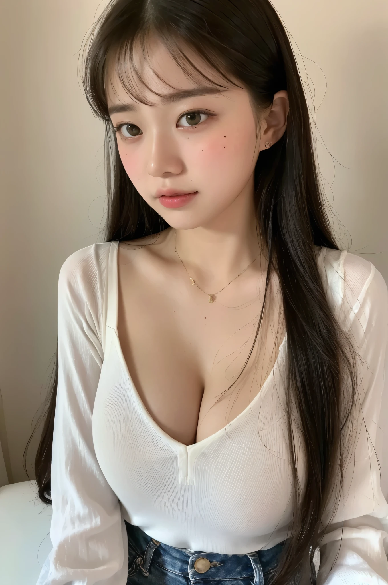 Masterpiece, Top Quality, Ultra High Definition, Colorful, Flat Color 1 girl, watching viewer, (((girl in the KARAOKE))), sweaty cheeks, detailed texture, white blouse, blue jeans, deep cleavage, beautiful detailed face, adult atmosphere, exposure, upper body up, blurred background, long wave hair with bangs, big: 1.4, ANNAA