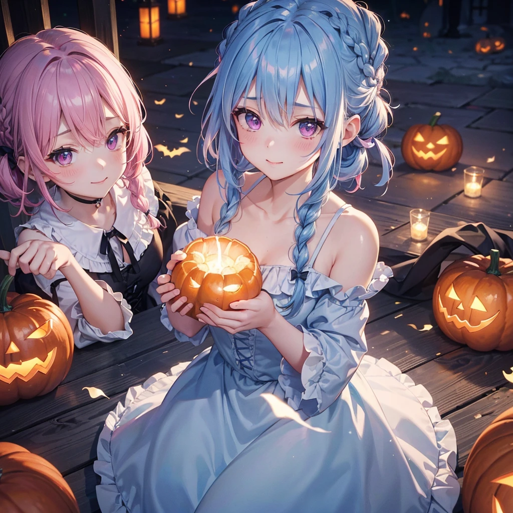 (Light blue medium hair),(Braided hair tied together)、Pink eyes、Fair skin、cowboy shot、Halloween、The background is a pumpkin ghost、Trick or Treat、A lot of sweets、witch、Halloween night party、Candy、Cosplay、A surprising smile、solo、(masterpiece、Highest quality、Very detailed、Best Shadow)、(Detailed Background)、(Beautifully detailed face)、High contrast、(Best lighting、Very delicate and beautiful)、(Cinematic Light)、colorful、Hyper Detail、Dramatic Light、Exquisite detail、