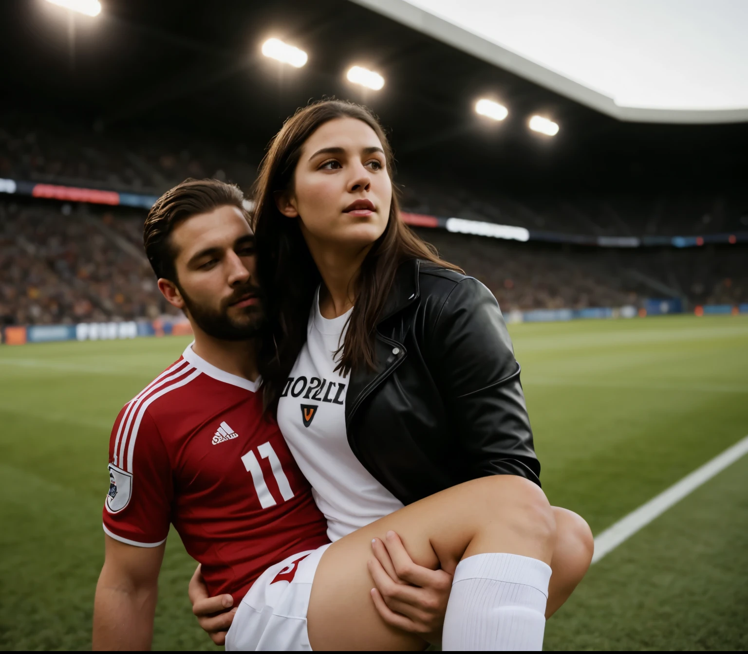 a passed out bearded man is being carried, a fainted bearded man is carried by a girl, a consciousless bearded man gets carried by a woman, , a woman and a bearded man, Andrea carries the wounded man's body in her hands, Andrea grabs his legs and his body with her hands, the bearded man in Andrea's arms is visibly in pain, stadium atmosphere, the bearded man is lying consciousless in Andrea's arms with one arm hanging down, A scene at a soccer stadium, a bearded man lying in a caring women's arms, lying helpless in her arms with his head dangling down, he has one arm dangling down while being carried in the women's arms, There is an attractive and heavily made-up woman in a long black leather coat, A pretty woman in a shiny black leather coat on a soccer field, A wonderful woman is holding a passed out man, A man in matt and roughened sportswear is held diagonal in her arms, a man in a woman's arms and lets one arm dangling down, we see the man held in front of the woman's body, the man is cradled in the woman's arm while being carried, the beautiful woman is exceptionally heavily made up and has an extremely desperate and very angry expression on her face, high-resolution photo, realistic sports photo, soccer scene, woman in black shiny long leather coat, injury scene, real photo, ultra realistic, high definition, sports photography