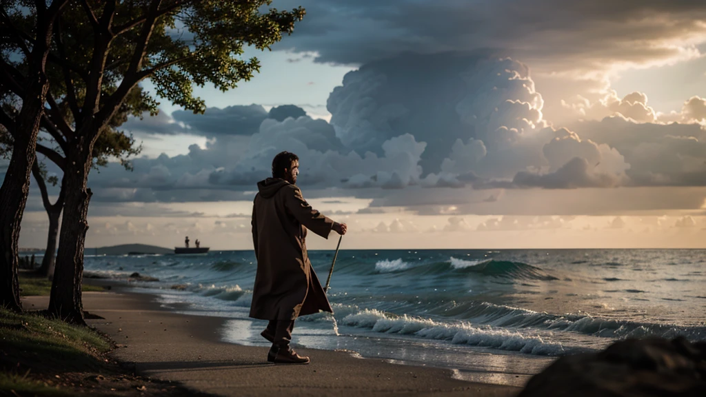 Peter, disciple of Jesus, leaving the park to walk on the water, with darker weather and rough seas