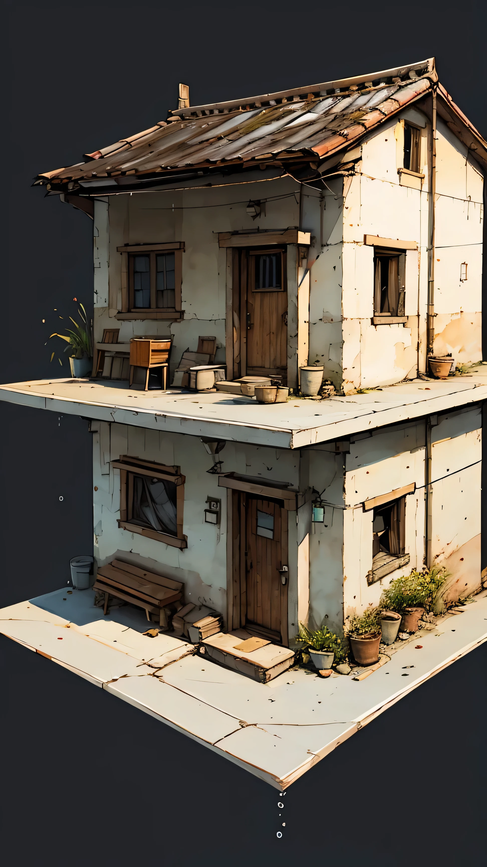 (a small house, unfinished sketch, watercolor on paper, simple background:1.2), detailed architecture, old weathered wood, mossy stones, lush greenery, natural lighting, soft pastel colors, impressionistic, atmospheric, cozy, whimsical