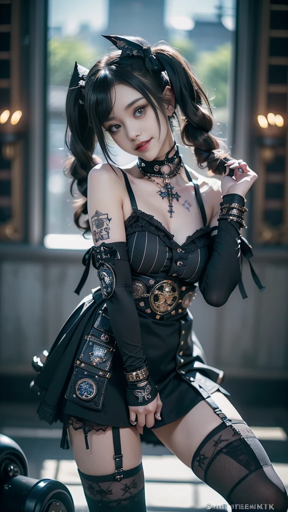(smile showing teeth:1.3),(Shibuya gal:1.5)、(lolita gothic punk rock :1.4 )、(Gothic fashion:1.4)、(neogothic:1.3)、(Fine-grained denim dress:1.4 )、(Dressing a detailed steampunk maid in denim and white.:1.5)、(lace collar and sleeves:1.1)、(denim knee high socks:1.3)、(dark fantasy cemetery background :1.4), (heart mark decoration:1.unrock fashion gloves:1.4)、(luxury hair ornament:1.4)、(heart brand belt)、(Denim High Heels)、(The underwear is striped.:1.4)、(24 years old)、((of the highest quality、8k、masterpiece:1.3))、Slim Abs Beauty:1.3、(Casual hairstyle、huge tits:1.1)、dress:1.1、super small face、narrow eyes、double eyelid、a careless smile、Full body esbian、Dynamic Angle、close up、Filtro CPL、blurred background、bokeh、blue hour、Detailed face and skin texture.、detailed eyes、,(twin tails:1.3)、(golden brown hair:1.3)、idol engraving、(The background is a magnificent ballroom.:1.3)、(make your legs slimmer:1.4)、(Skinny body:1.3)、(clavicle:1.1), (bright colors), ,( cyberpunk 2.1)